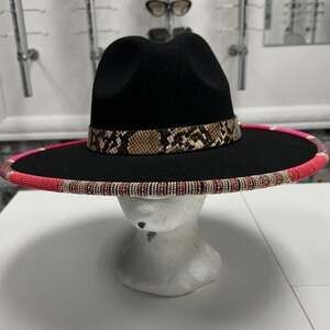 Black and Pink Wide-Brim Hat with Snake Print Band